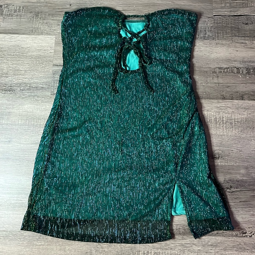 Strapless teal sparkly mini dress